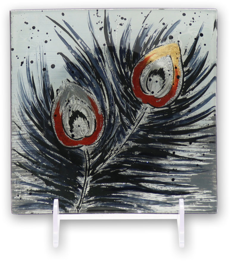 Glass plate "Pfauenfeder" (peacock feather) square