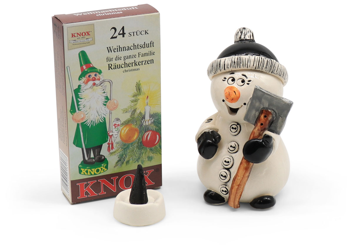 Incense smoker snowman with shovel, ceramik