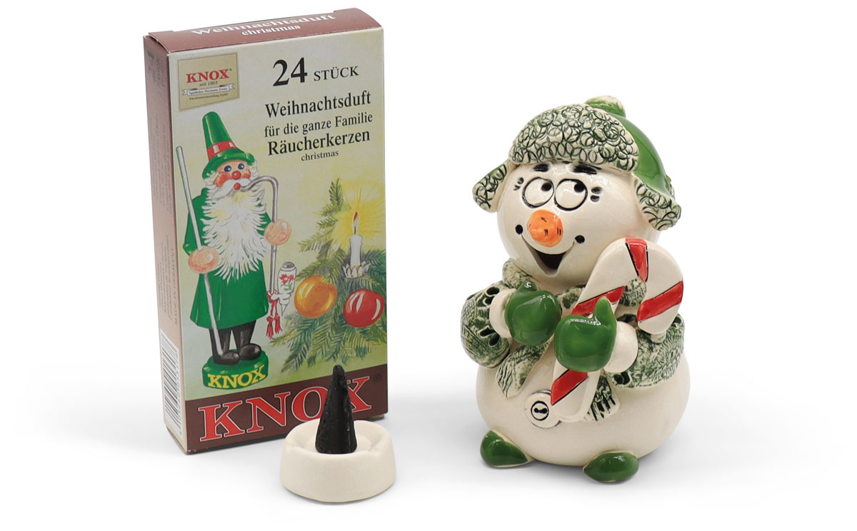 Incense smoker snowman with candy cane, ceramik