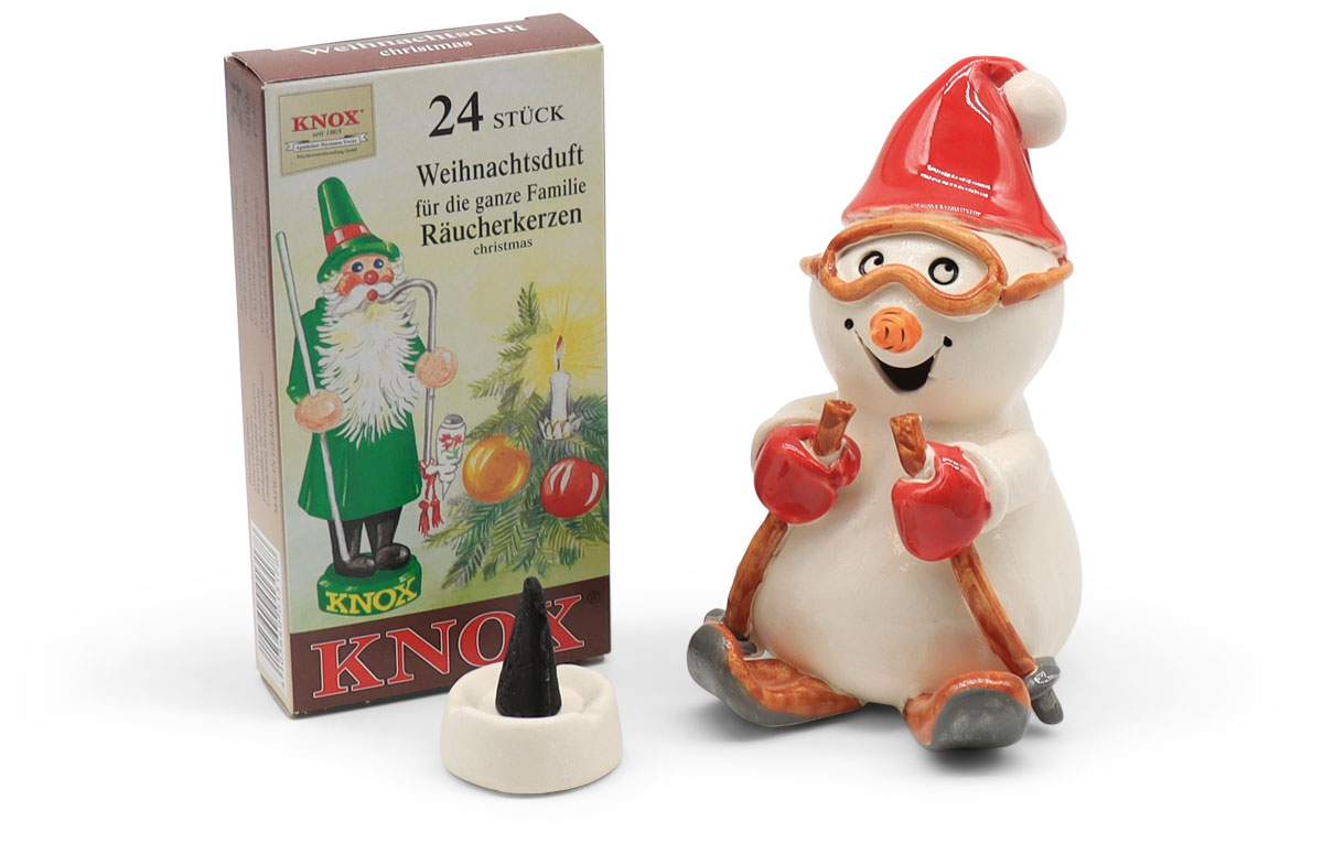 Incense smoker snowman with skis, ceramik