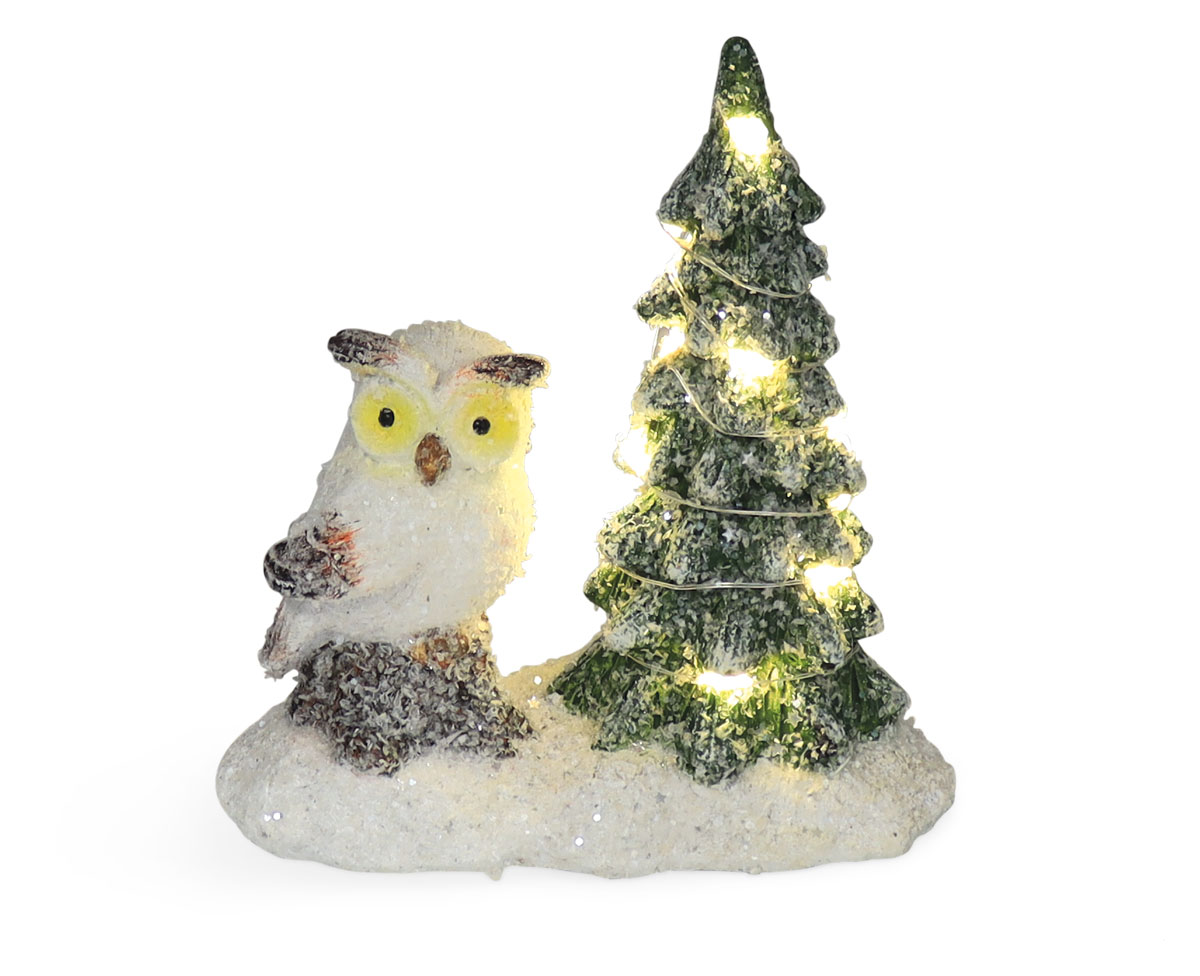 Christmas tree with LED and owl, polyresin