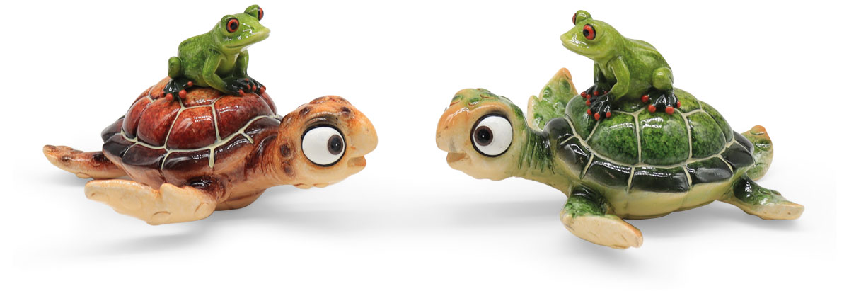 Turtle green/brown with frog, mix of 2, polyresin