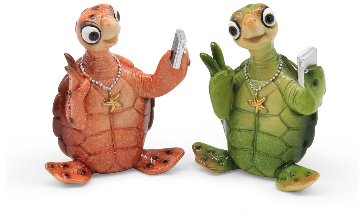 Turtle green/brown taking a selfie, mix of 2, polyresin