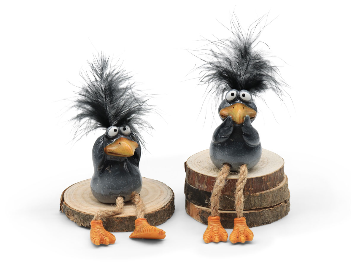 Birds Mia & Sammy, sitting on edge, polyresin